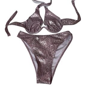 Pink Animal Print Bikini‎ Set Halter Top Swimsuit Sexy Beach Wear Small